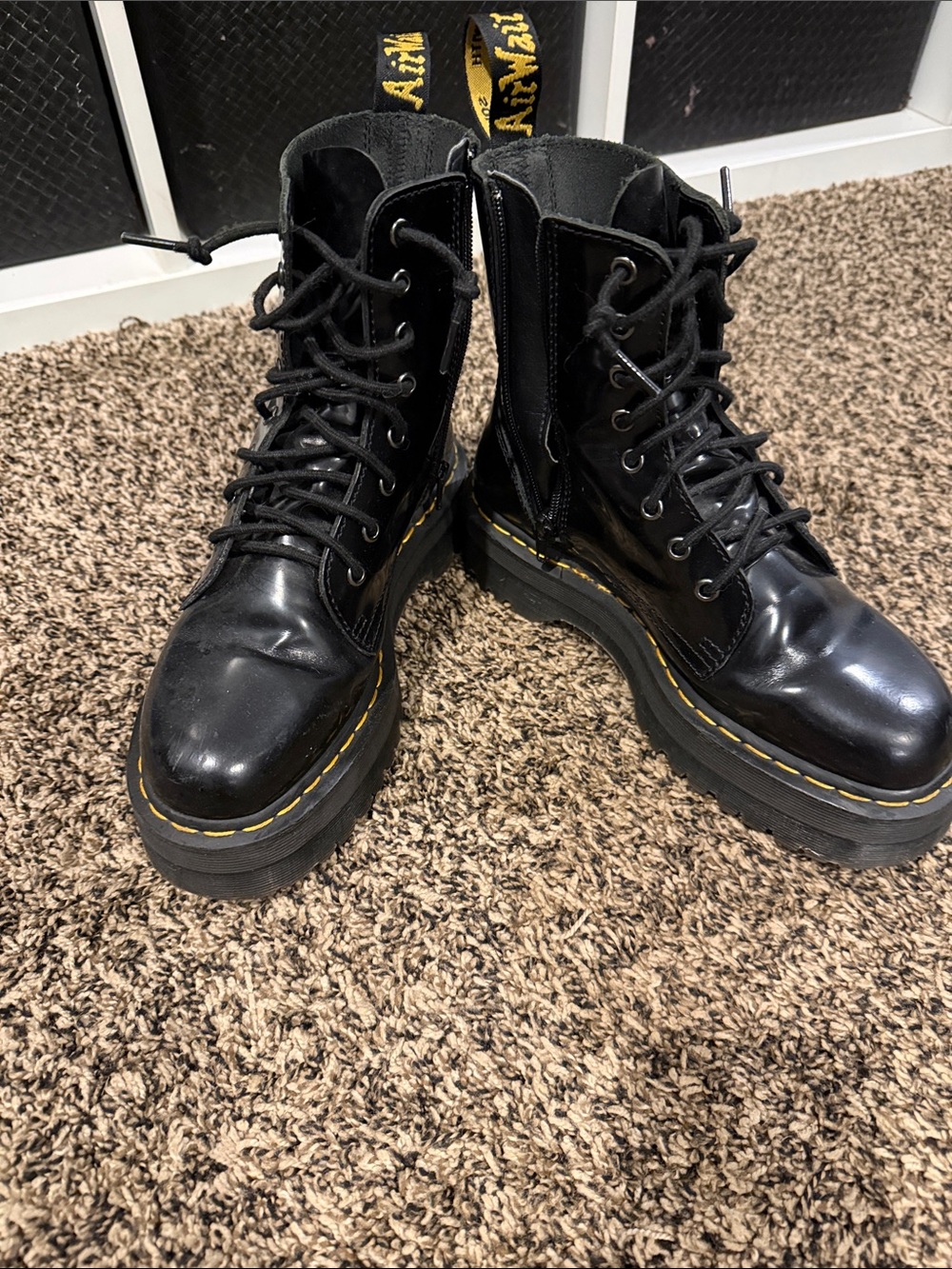 Dr. Martens Black Leather Combat Boots with Yellow Stitching